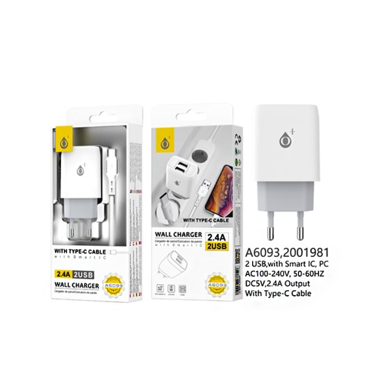 ONEPLUS CHARGER ADAPTER A6093 BL WITH 2 SMART RECOGNITION USB PORTS 2.4A MAX WHITE